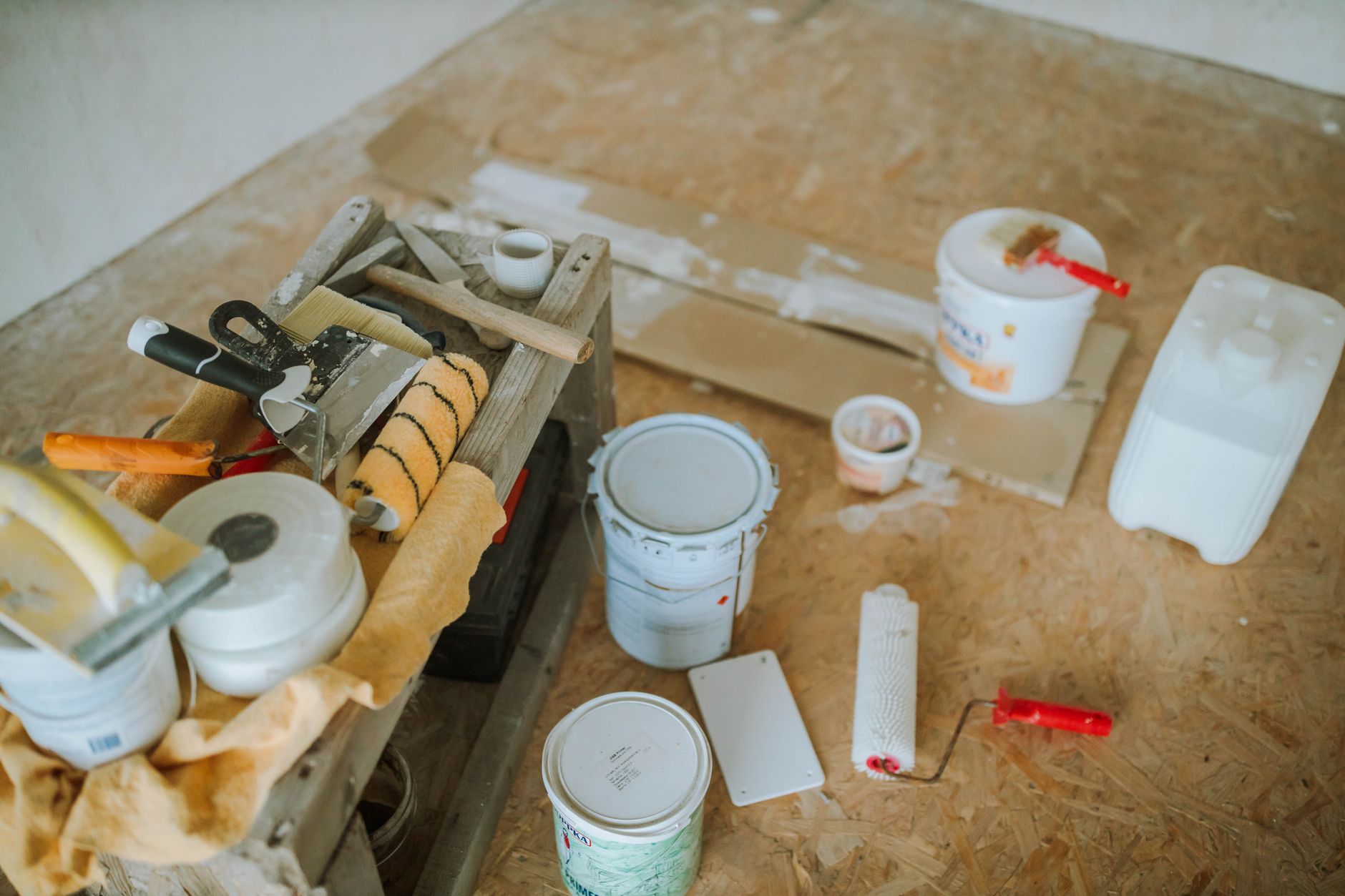 Overhead shot of tools and paint supplies for a home renovation project in Temecula, CA